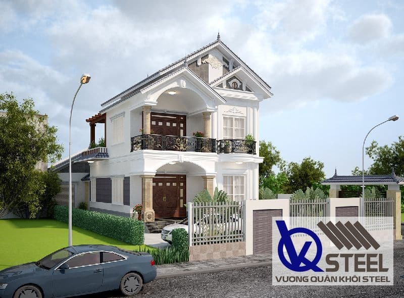 Mẫu biệt thự 2 tầng chữ L lợp tôn màu ghi xám