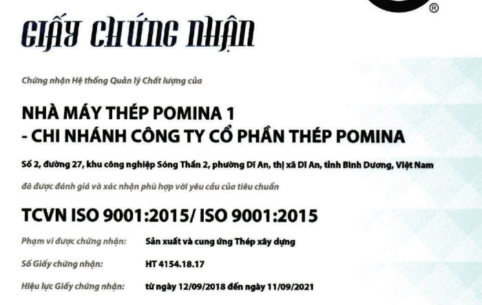 Chứng nhận chất lượng thép Pomina