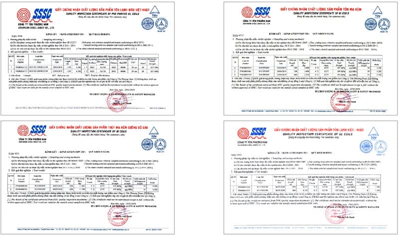 Chứng chỉ chất lượng các sản phẩm tôn Phương Nam